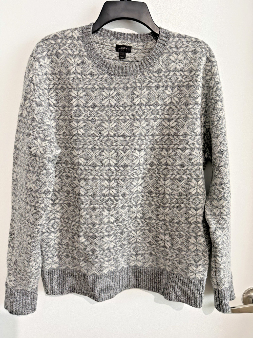 J Crew Men's Nordic Fair Isle 100% Lambswool snowflake Crewneck Sweater Gray - M